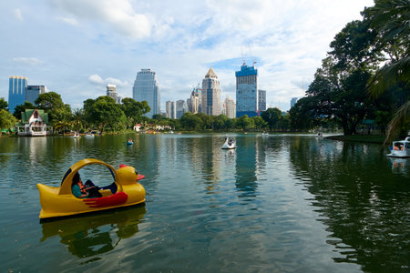 Landscape of a park with a large pond in the heart of Bangkok.の写真素材