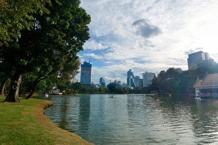 Landscape of a park with a large pond in the heart of Bangkok.の写真素材