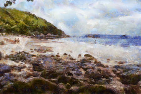 The island's beach landscape illustrated with chalk helps create an impressionistic painting.の写真素材