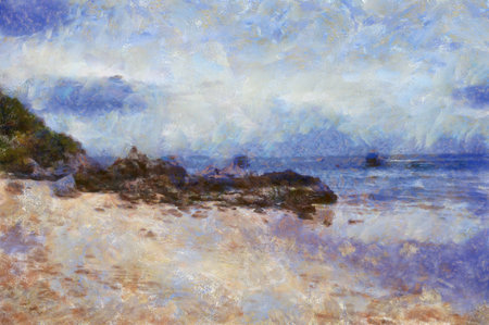 The island's beach landscape illustrated with chalk helps create an impressionistic painting.の写真素材