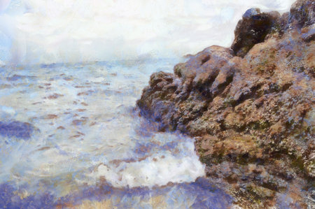 The island's beach landscape illustrated with chalk helps create an impressionistic painting.の写真素材