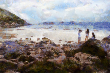 The island's beach landscape illustrated with chalk helps create an impressionistic painting.の写真素材
