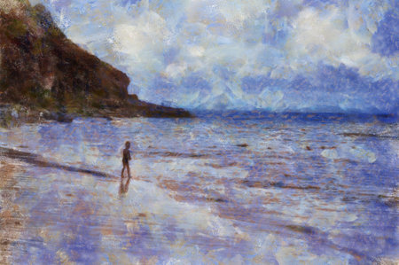 The island's beach landscape illustrated with chalk helps create an impressionistic painting.の写真素材