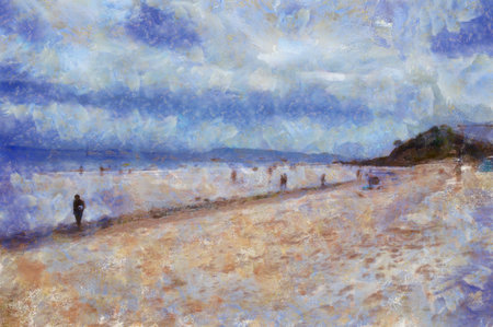 The island's beach landscape illustrated with chalk helps create an impressionistic painting.の写真素材