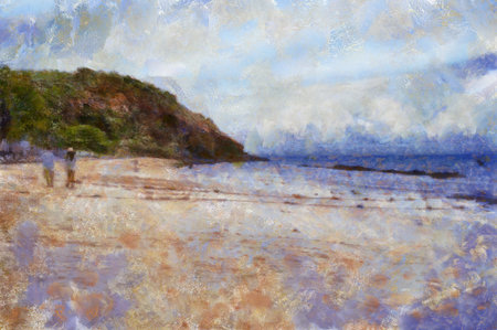 The island's beach landscape illustrated with chalk helps create an impressionistic painting.の写真素材
