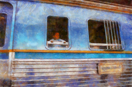 Trains at the train station. Chalk paint Illustrations creates art style impressionism of painting.の写真素材