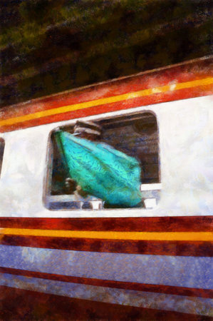 Thai trains at the train station Chalk paint Illustrations creates art style impressionism of...