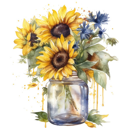 Bouquet of sunflowers and cornflowers in a glass jar. Watercolor illustrationの素材