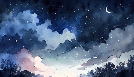 Watercolor illustration of a night sky with stars, clouds and trees.の素材