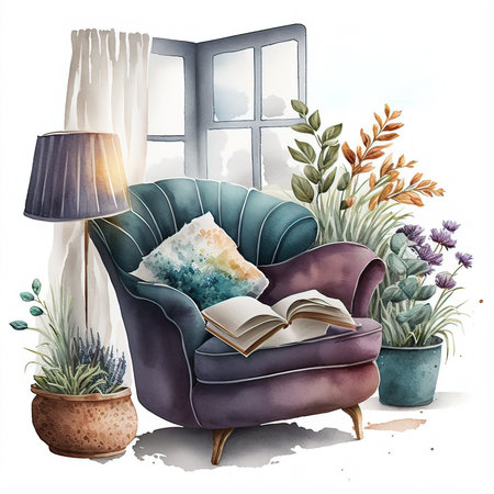 Comfortable armchair with pillows, books, potted plants and window. Watercolor illustrationの素材