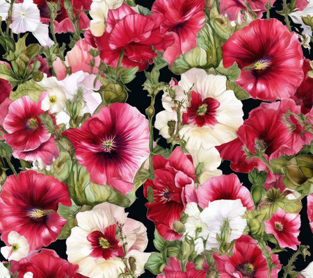 Beautiful vector pattern with nice watercolor hollyhock flowersの素材