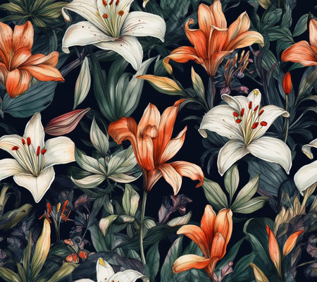 Beautiful vector pattern with nice watercolor lily flowers in vintage styleの素材