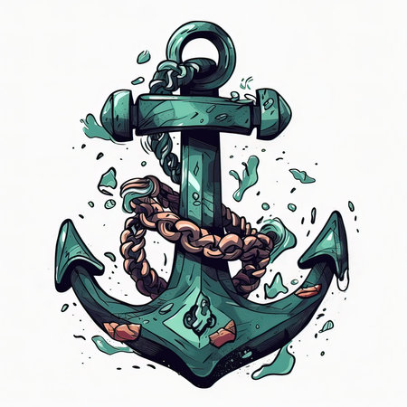 Anchor with rope and splashes. Hand drawn vector illustration.の素材