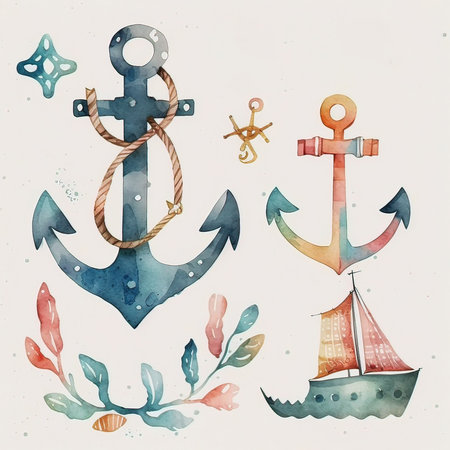 Set of hand drawn watercolor nautical elements. Vector illustration.の素材