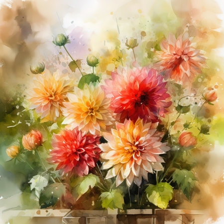 Colorful dahlia flowers in watercolor style. Floral background.の素材