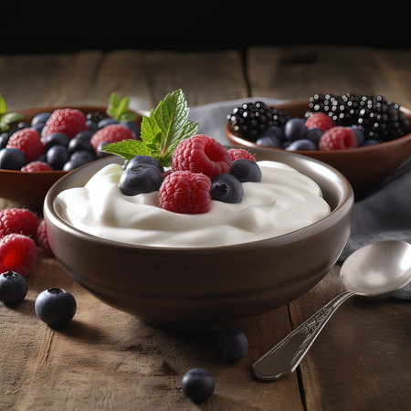 Greek yogurt with fresh berries in a bowl on a wooden background.の素材