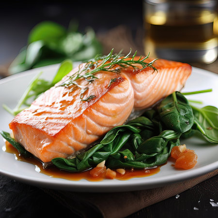Salmon fillet with spinach on a dark background. tinting. selective focusの素材