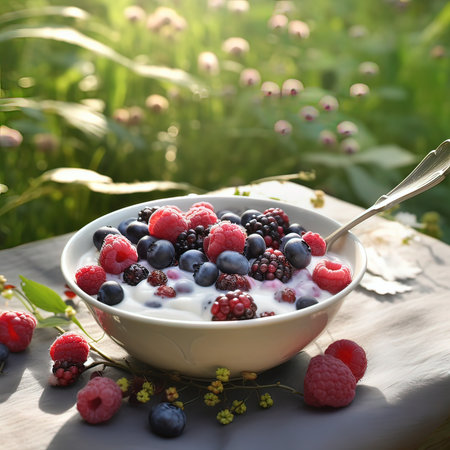 Yogurt with fresh berries in a bowl on a table in the gardenの素材