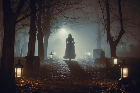 Silhouette of a woman in a long dress walking in a foggy alley at nightの素材