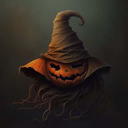 Halloween pumpkin with witch hat on dark background, 3d illustrationの素材