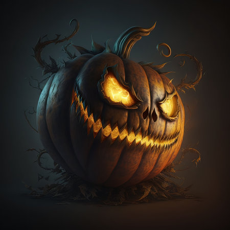 Halloween pumpkin with scary eyes, 3d render illustration on dark backgroundの素材