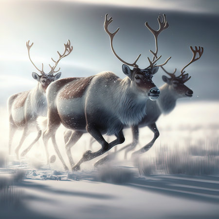 Three reindeers running in the snow, 3d render illustrationの素材
