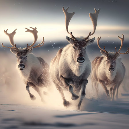 Three reindeers running in the snow, 3d render illustrationの素材