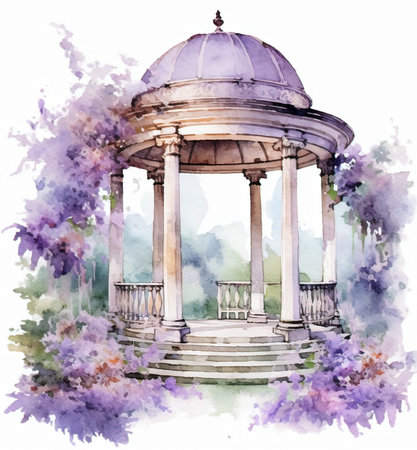 Watercolor gazebo in the park. Watercolor illustration,bouquet of purple flowersの素材