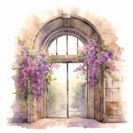 Watercolor illustration of a door with blooming lilac flowers.の素材