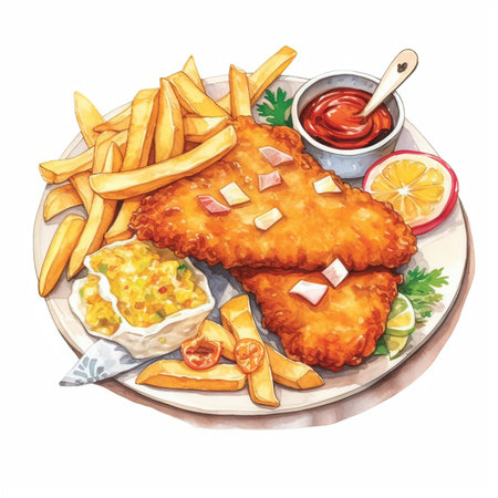 Hand drawn watercolor illustration of fried fish with french fries and saladの素材