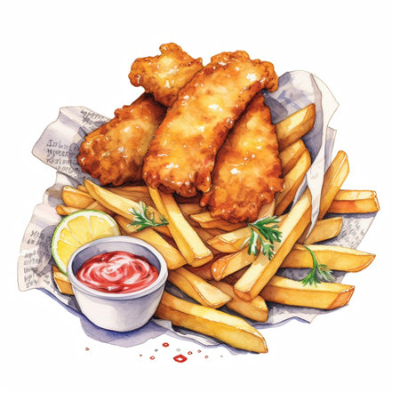 Hand drawn watercolor illustration of fried fish and chips with ketchupの素材