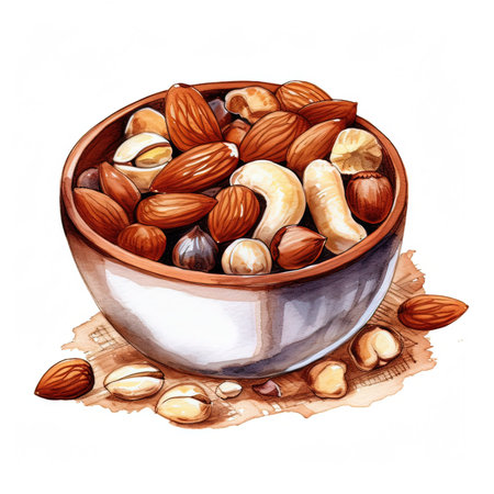 Hand drawn watercolor illustration of a bowl full of different nuts.の素材