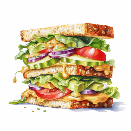 Watercolor illustration of a sandwich with cheese, tomato, cucumber, onion and lettuceの素材