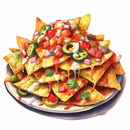 Illustration of nachos with salsa sauce and jalapenosの素材