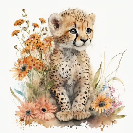 Watercolor illustration of a cheetah cub sitting among flowers.の素材
