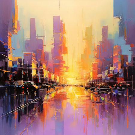 Digital painting of a modern city at sunset. Digital art painting.の素材