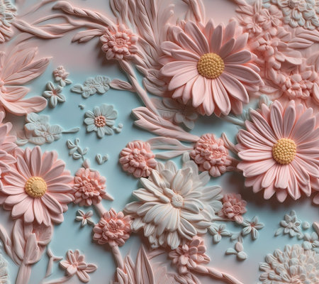 Paper flowers on pastel blue background. Top view. Flat lay.の素材