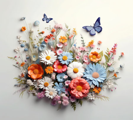 Flower bouquet with butterfly on light background. Flat lay, top viewの素材