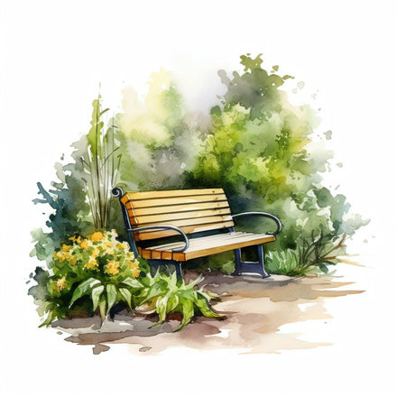 Hand drawn watercolor illustration of a bench in the park with flowersの素材