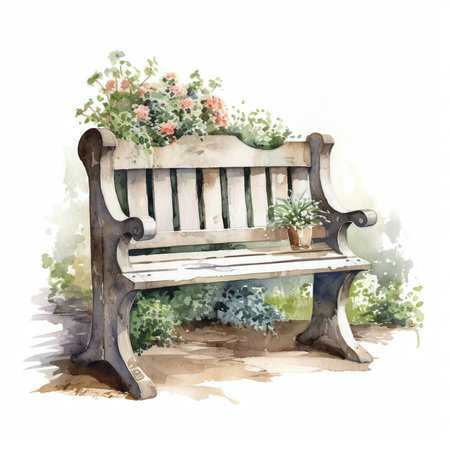 Hand drawn watercolor sketch of a bench in the park with flowersの素材