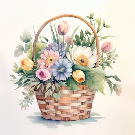 Basket with spring flowers. Watercolor illustration. Spring background.の素材