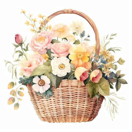 Basket with flowers. Watercolor illustration. Isolated on white background.の素材