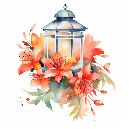 Lantern with flowers, watercolor illustration on a white backgroundの素材