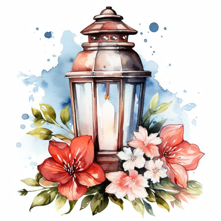 Lantern with flowers. Watercolor hand drawn illustration on white backgroundの素材