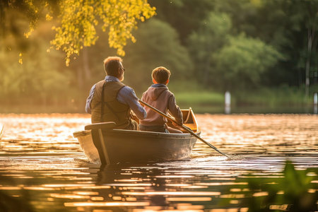 Father and son fishing in a boat on the lake at sunset.の素材