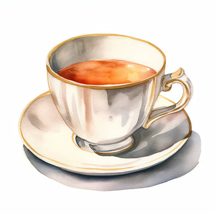 Cup of tea. Watercolor hand drawn illustration isolated on white backgroundの素材