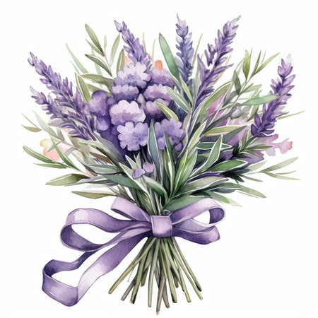 Watercolor lavender bouquet with ribbon, isolated on white background.の素材