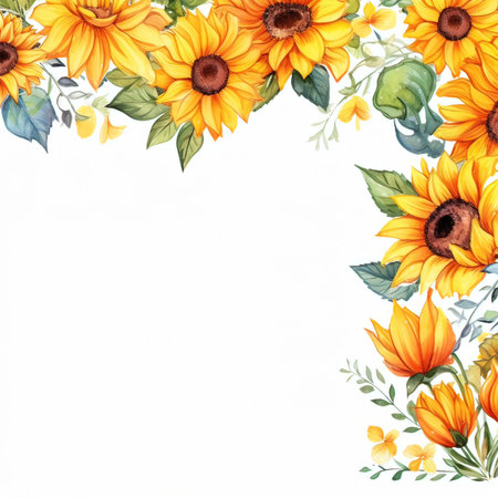 Beautiful vector card with watercolor sunflowers and leaves.の素材
