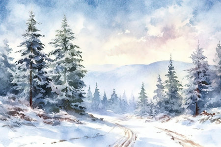 Winter landscape with fir trees and road. Digital watercolor painting.の素材