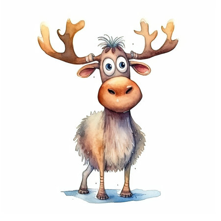 Cute cartoon reindeer isolated on white background. Watercolor illustrationの素材